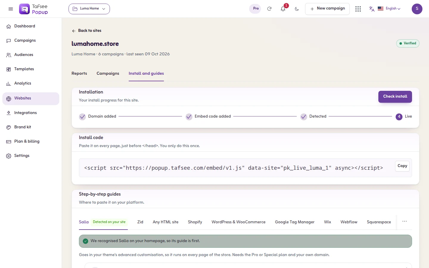 The install page in Tafsee Popup for a Salla store: the install code ready to copy, and the Salla guide shown first because the app recognised the platform