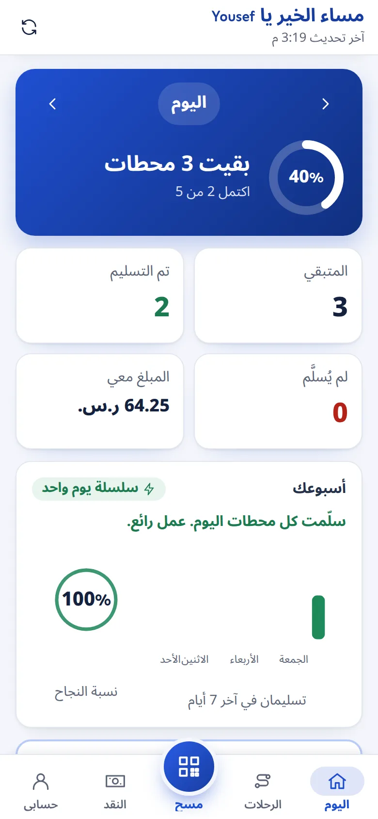 تطبيق السائق على الجوال: تقدّم اليوم والمحطات المتبقية والتسليمات المنجزة والنقد الذي يحمله السائق