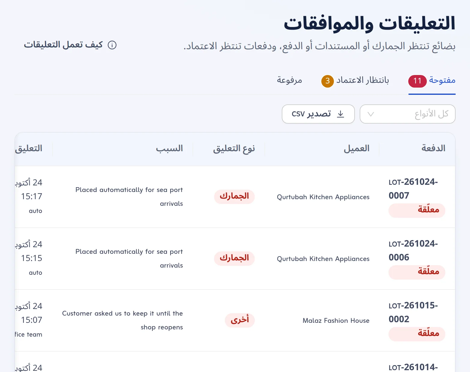 الحجوزات والموافقات: حجوزات الجمارك والمستندات والدفع المفتوحة والدفعات التي تنتظر الموافقة