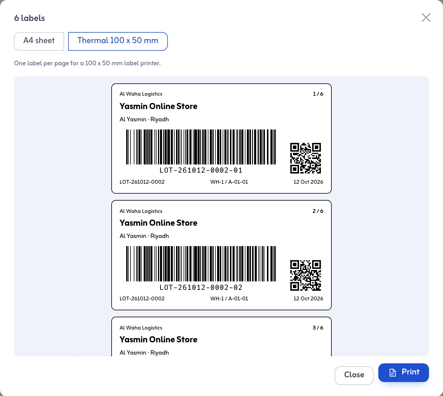 طباعة ملصقات الباركود لدفعة: ملصق Code 128 لكل طرد مع رمز QR، على ورقة A4 أو ملصقات حرارية 100 × 50 مم