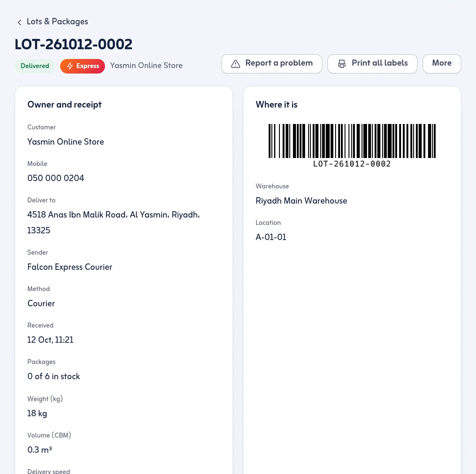 A lot's page: the owner and how the goods arrived, the lot barcode, warehouse and rack, with Report a problem and Print all labels