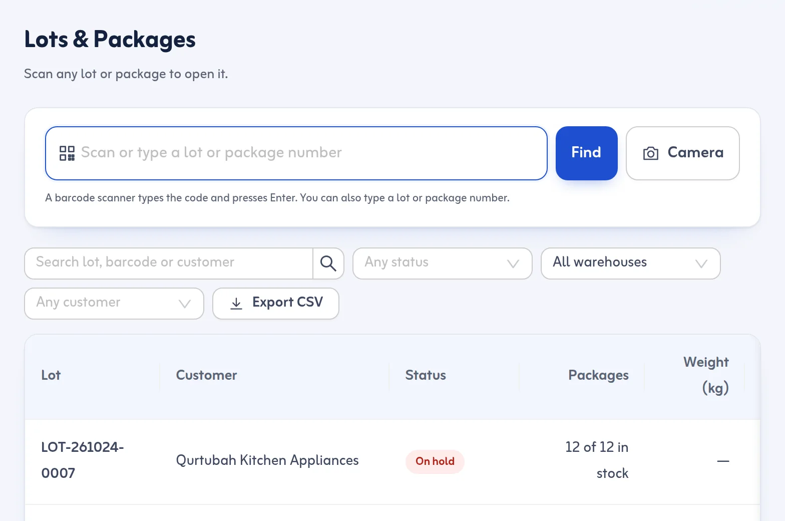 Lots & Packages: scan or type any lot or package number to open it at once