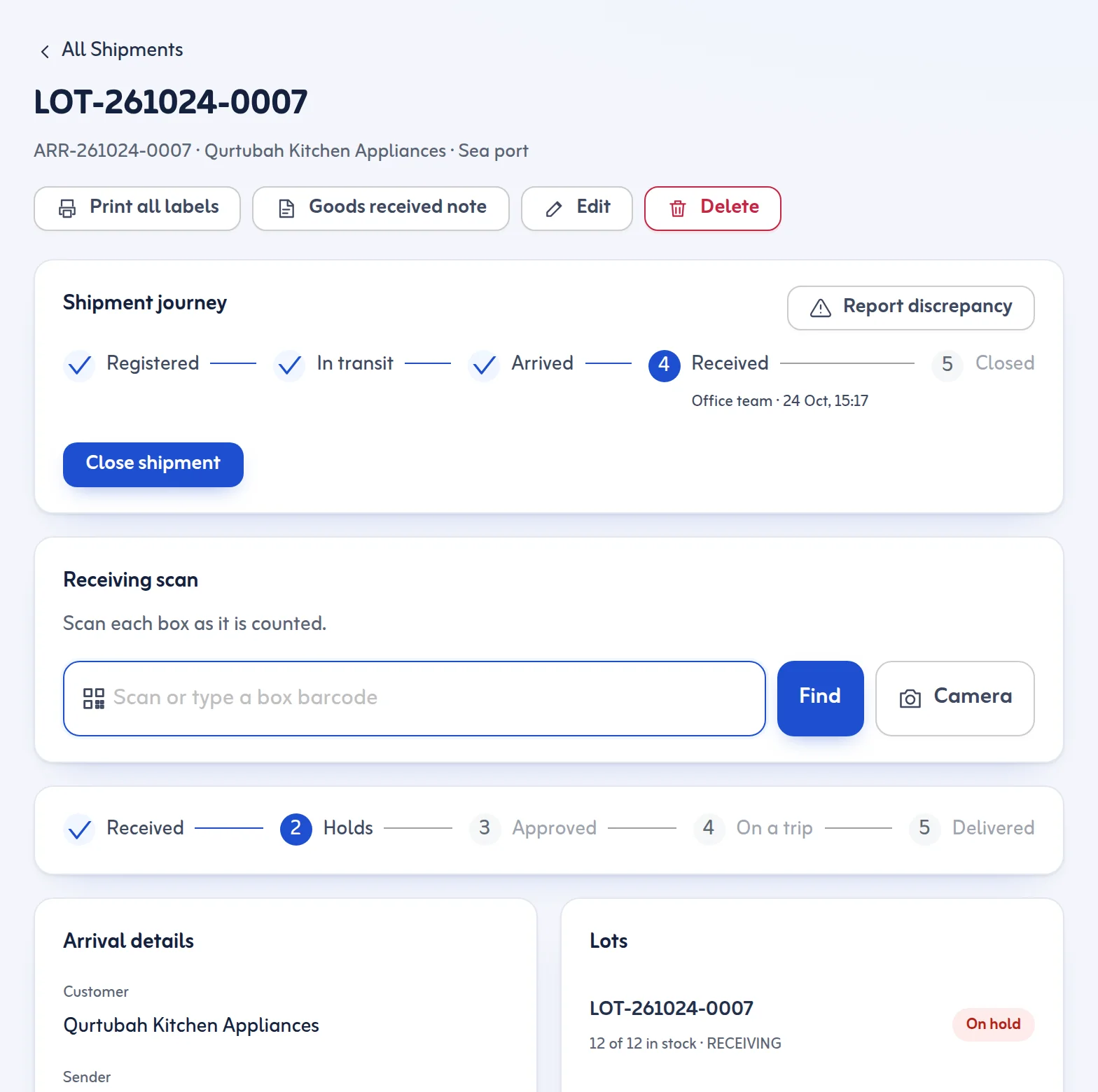 A shipment's page: the journey from registered to received, the receiving scan, the Goods received note and Print all labels buttons, and the arrival details