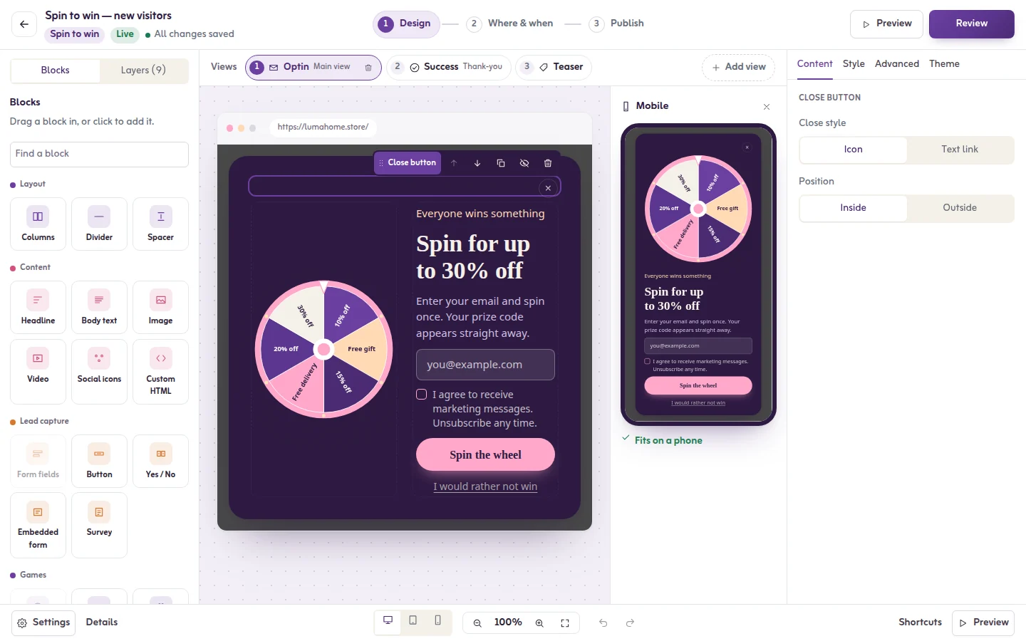 Tafsee Popup editor with a spin wheel