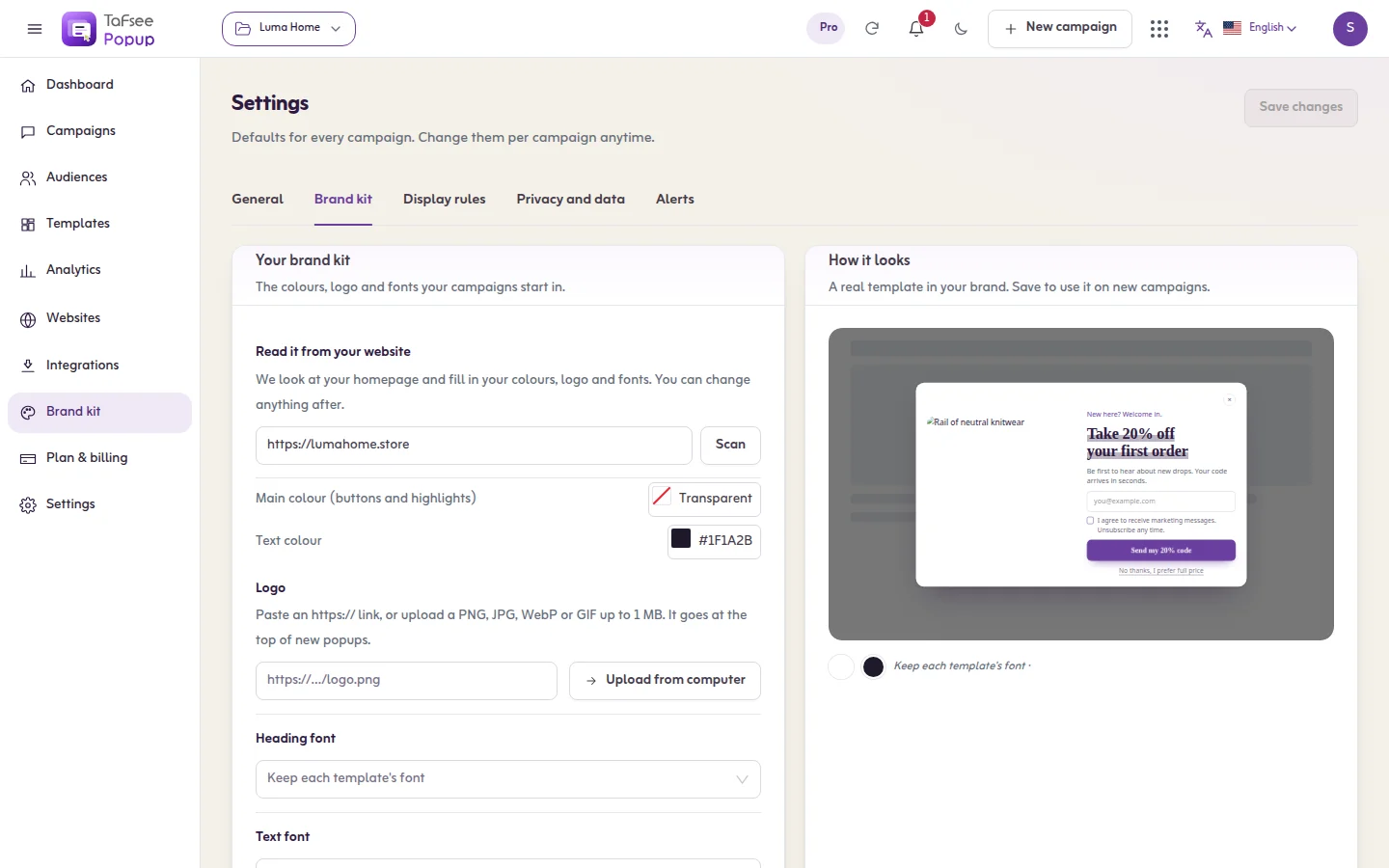 The Brand kit tab of Settings in Tafsee Popup, where the main colour, text colour, logo, heading font and text font for new campaigns are set, with a preview of a template in those choices on the right.