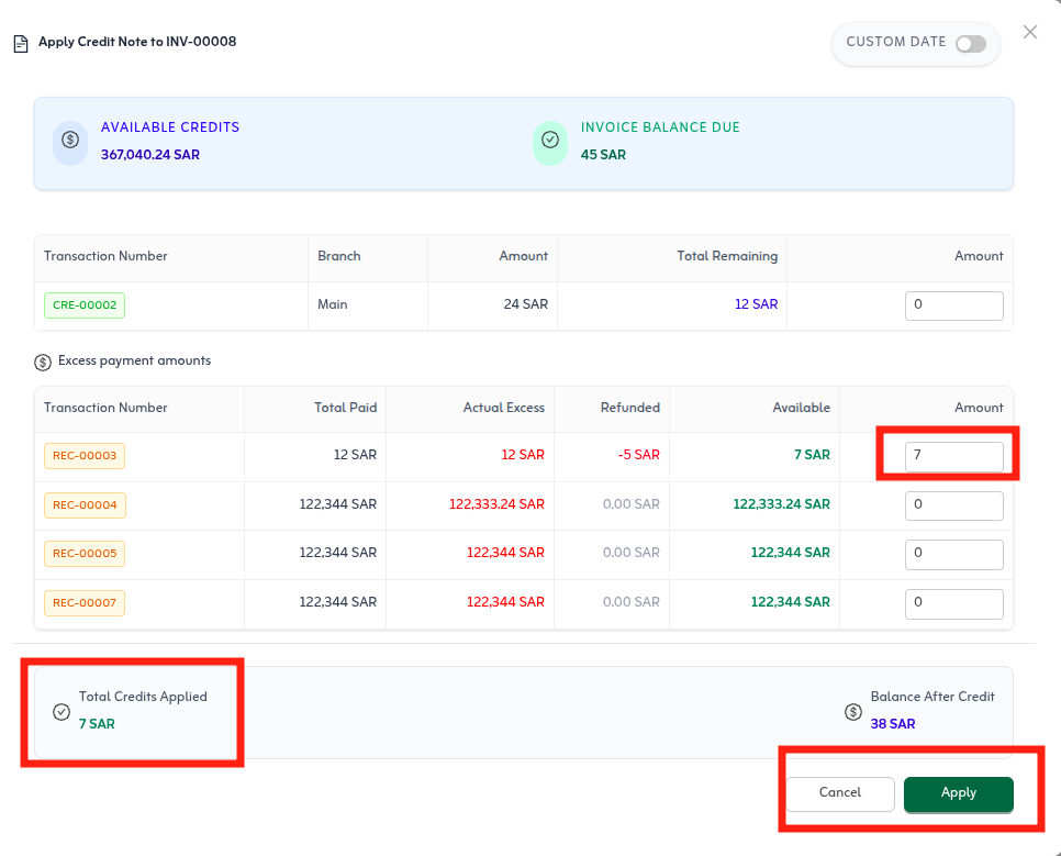 Applying a credit note to an invoice in Tafsee Books