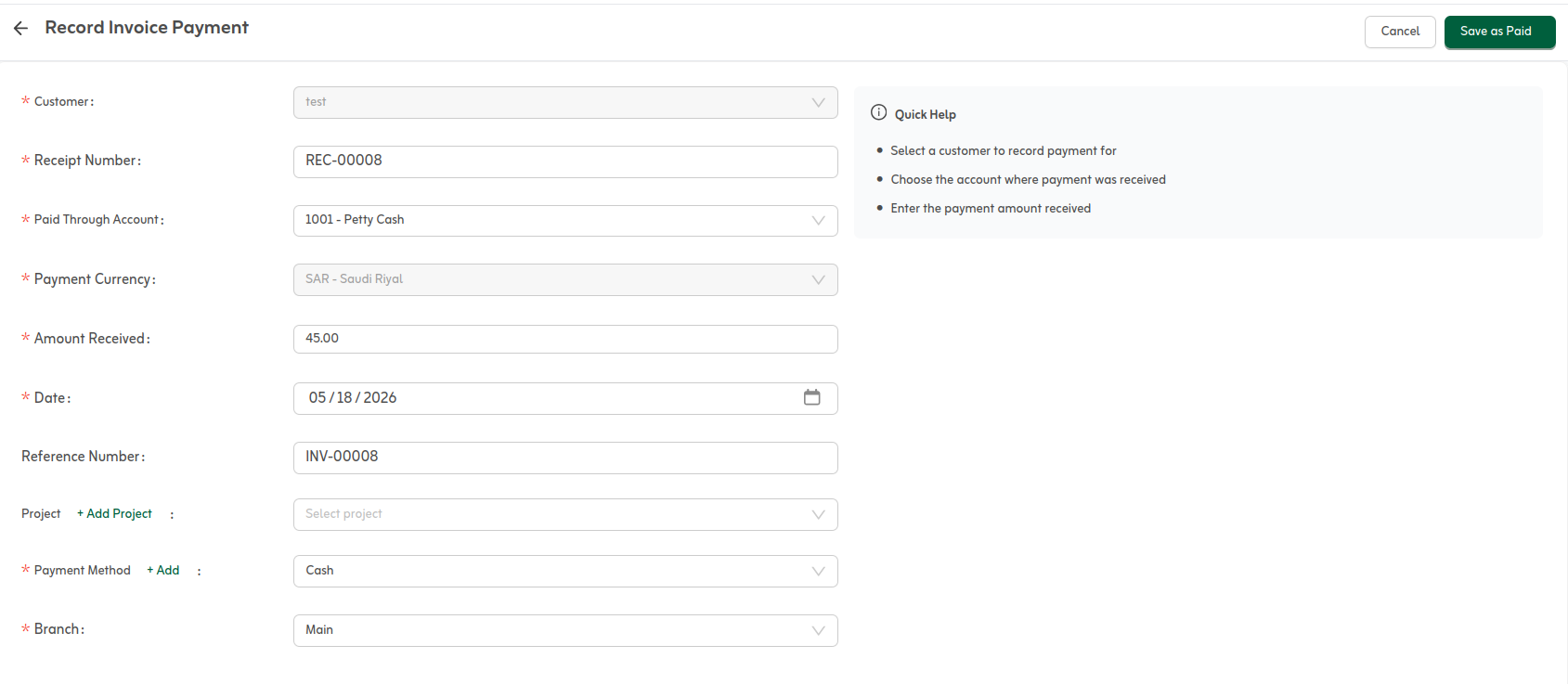 Recording a payment against invoices in Tafsee Books