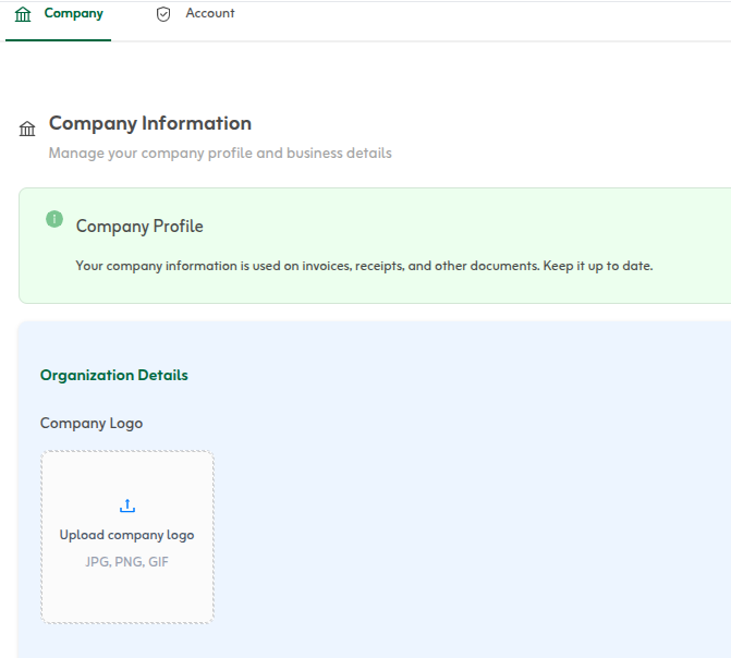 Company logo upload area in organization settings in Tafsee Books